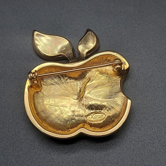 Signed Keyes Gold Tone Apple Rhinestone Brooch Teacher Gift Vintage Costume - Picture 3 of 10